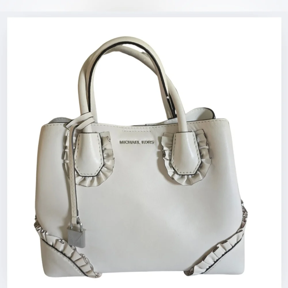 Michael Michael Kors Mercer Gallery Bag Ruffled White Leather Satchel Purse - Picture 4 of 16